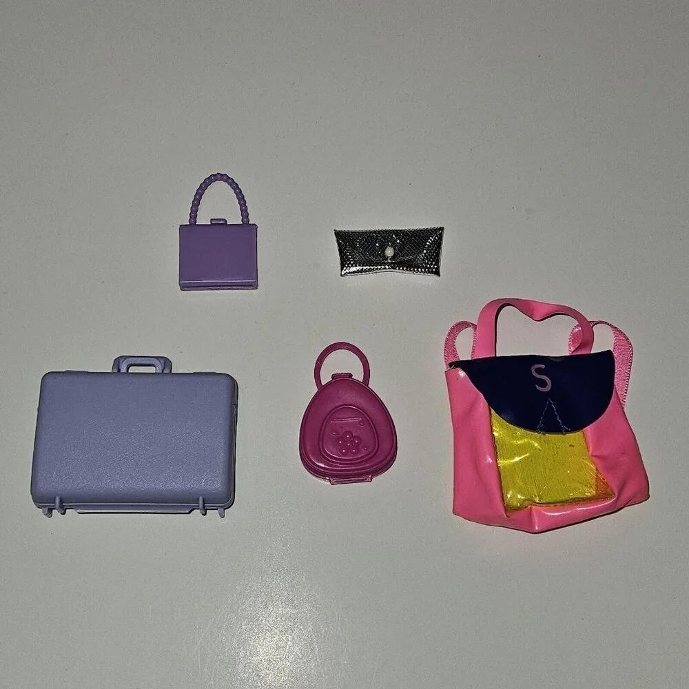 5 Barbie Doll Size Bags Lot Skipper Backpack Suitcase Purse Silver Clutch Mattel